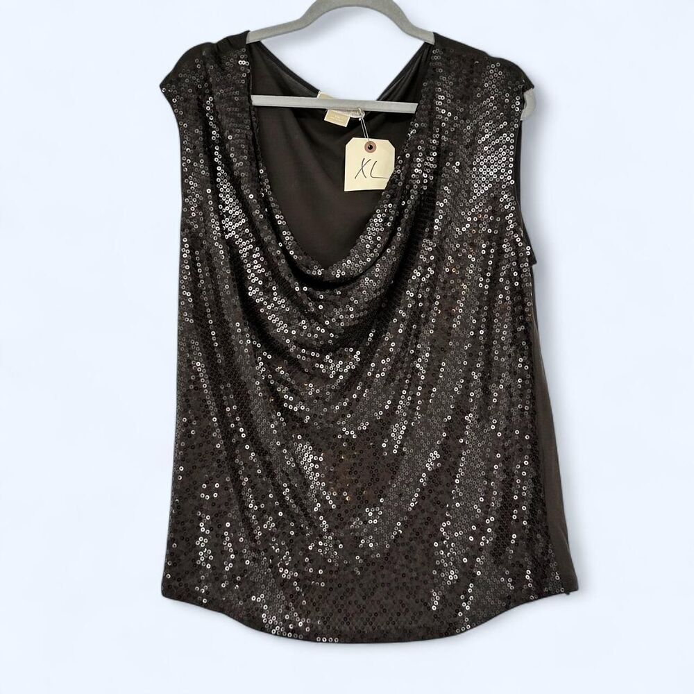 🤎 Michael Kors Metallic Brown Sequin Draped Cowl Neck Going Out Top Size 1X